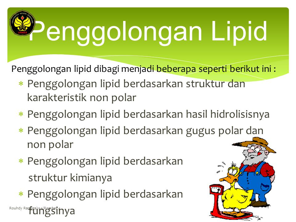 Penggolongan Lipid Penggolongan lipid dibagi menjadi beberapa seperti berikut ini :