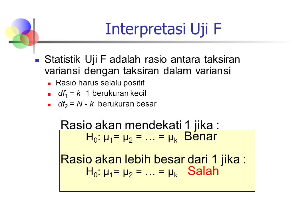 Interpretasi Uji F Rasio akan mendekati 1 jika :