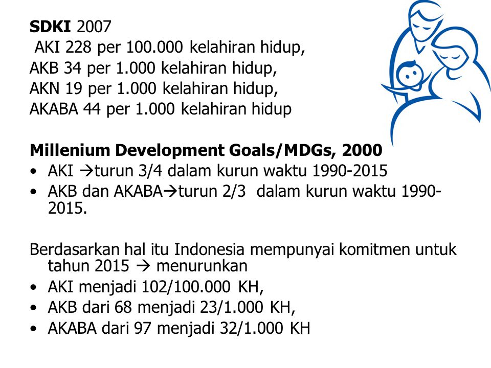 SDKI 2007 AKI 228 per kelahiran hidup, AKB 34 per kelahiran hidup, AKN 19 per kelahiran hidup,