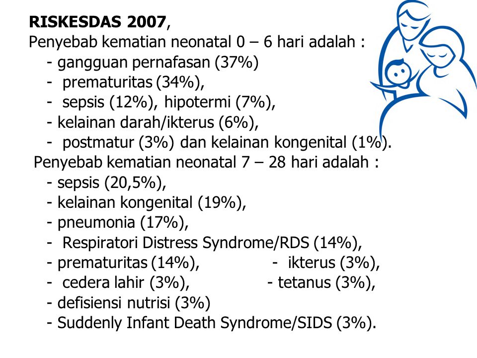 RISKESDAS 2007, Penyebab kematian neonatal 0 – 6 hari adalah : - gangguan pernafasan (37%) - prematuritas (34%), - sepsis (12%), hipotermi (7%), - kelainan darah/ikterus (6%), - postmatur (3%) dan kelainan kongenital (1%).