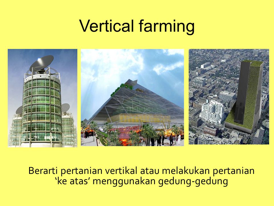 Vertical farming Berarti pertanian vertikal atau melakukan pertanian ‘ke atas’ menggunakan gedung-gedung.