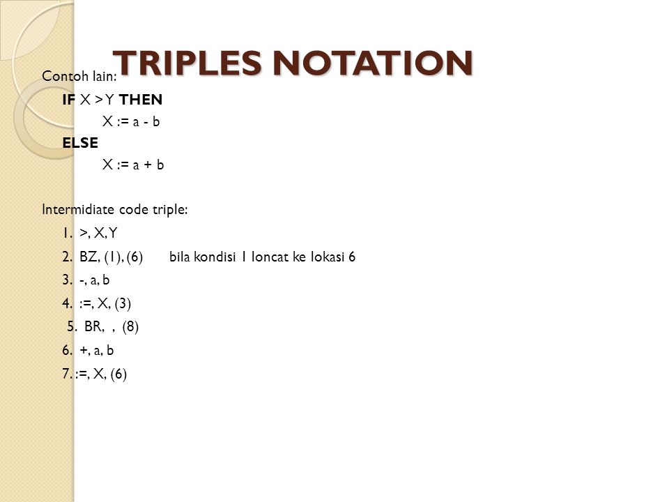 TRIPLES NOTATION Contoh lain: IF X > Y THEN X := a - b ELSE