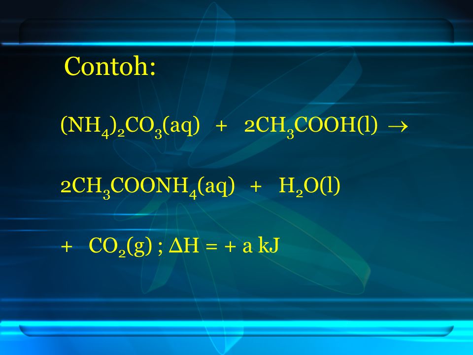 Contoh: (NH4)2CO3(aq) + 2CH3COOH(l)  2CH3COONH4(aq) + H2O(l)