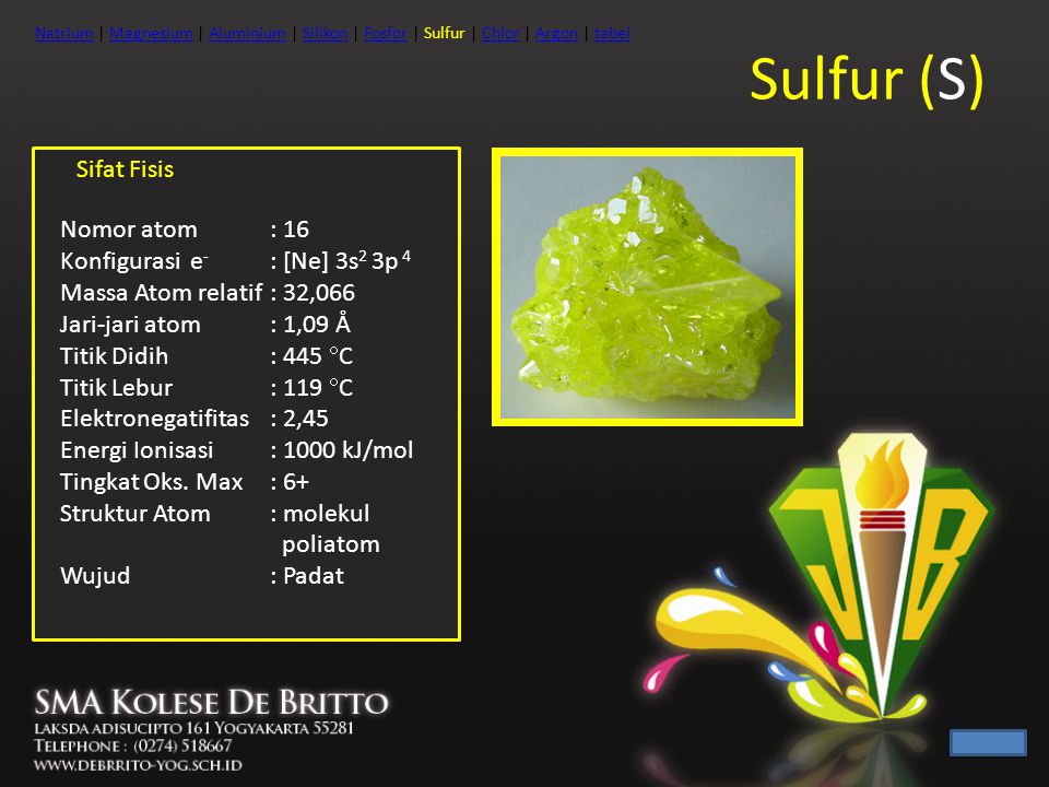 Sulfur (S) Sifat Fisis Nomor atom : 16 Konfigurasi e- : [Ne] 3s2 3p 4