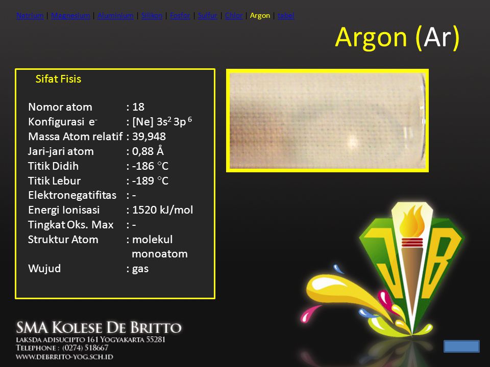Argon (Ar) Sifat Fisis Nomor atom : 18 Konfigurasi e- : [Ne] 3s2 3p 6