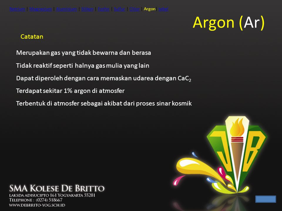 Argon (Ar) Catatan Merupakan gas yang tidak bewarna dan berasa