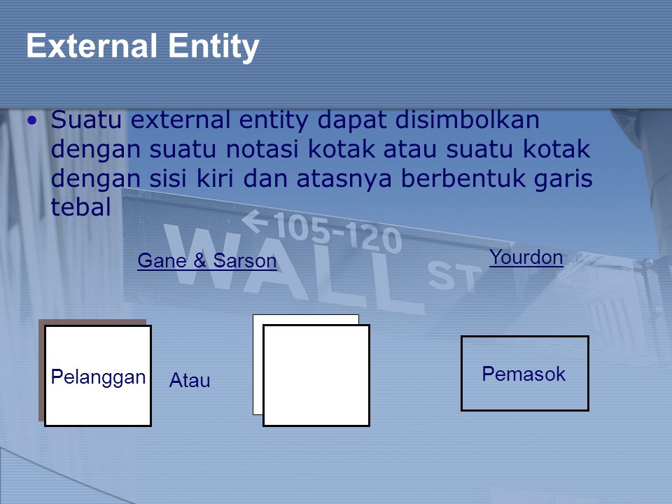 External Entity Suatu external entity dapat disimbolkan dengan suatu notasi kotak atau suatu kotak dengan sisi kiri dan atasnya berbentuk garis tebal.