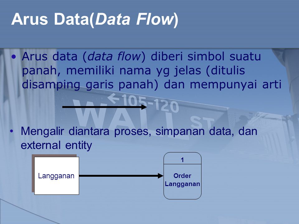 Arus Data(Data Flow) Arus data (data flow) diberi simbol suatu panah, memiliki nama yg jelas (ditulis disamping garis panah) dan mempunyai arti.