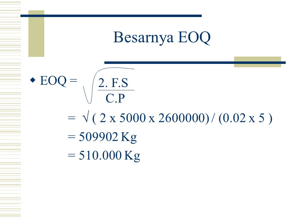 Besarnya EOQ EOQ = C.P =  ( 2 x 5000 x ) / (0.02 x 5 )