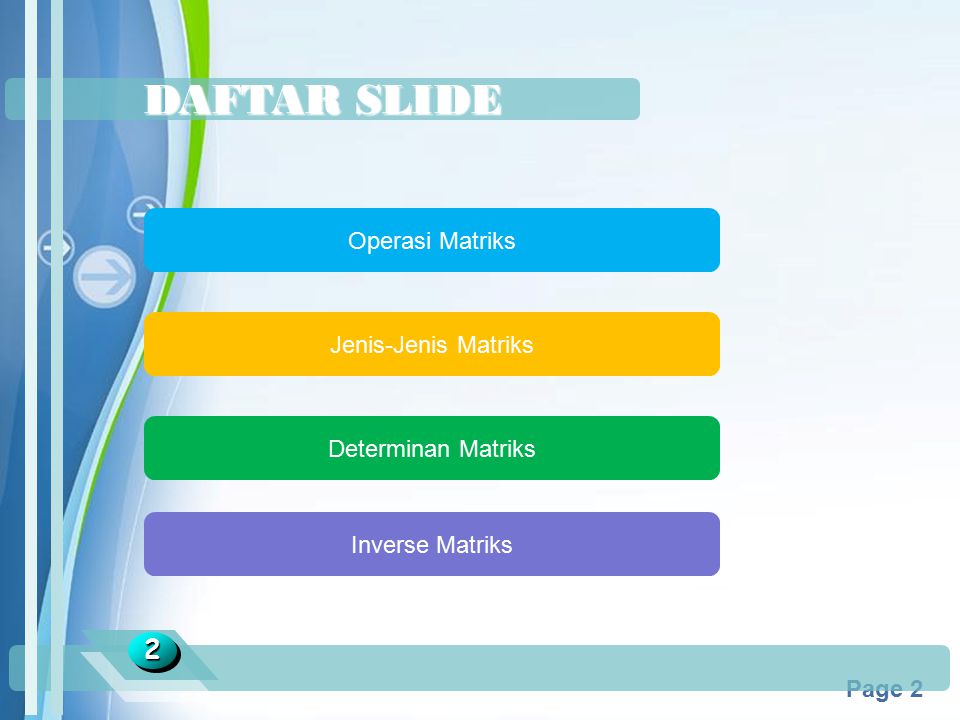 DAFTAR SLIDE 2 Operasi Matriks Jenis-Jenis Matriks Determinan Matriks