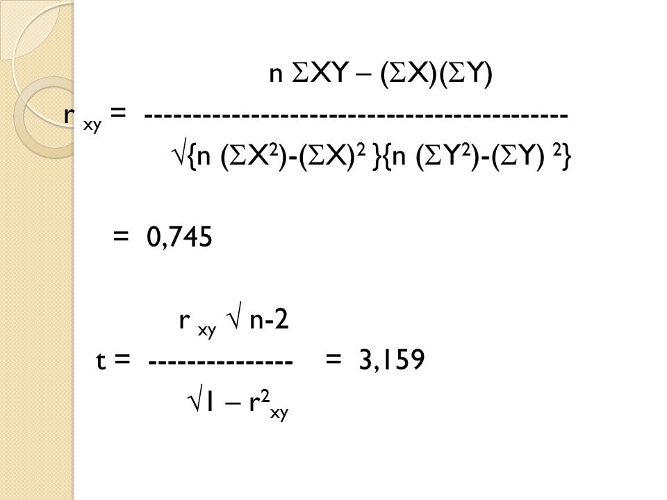 n XY – (X)(Y) r xy = {n (X2)-(X)2 }{n (Y2)-(Y) 2} = 0,745 r xy  n-2 t = = 3,159 1 – r2xy