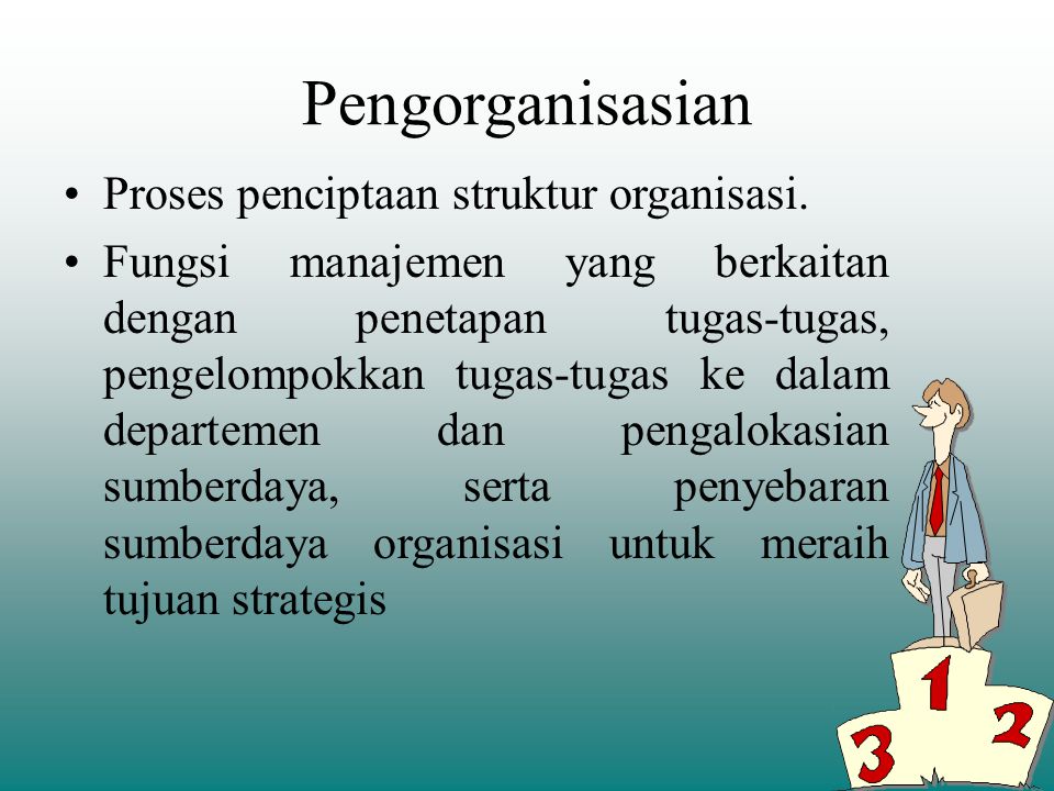 Pengorganisasian Proses penciptaan struktur organisasi.
