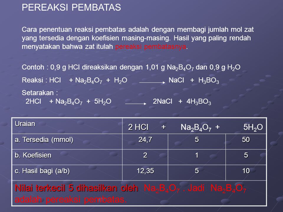 2 HCl + Na2B4O7 + 5H2O PEREAKSI PEMBATAS