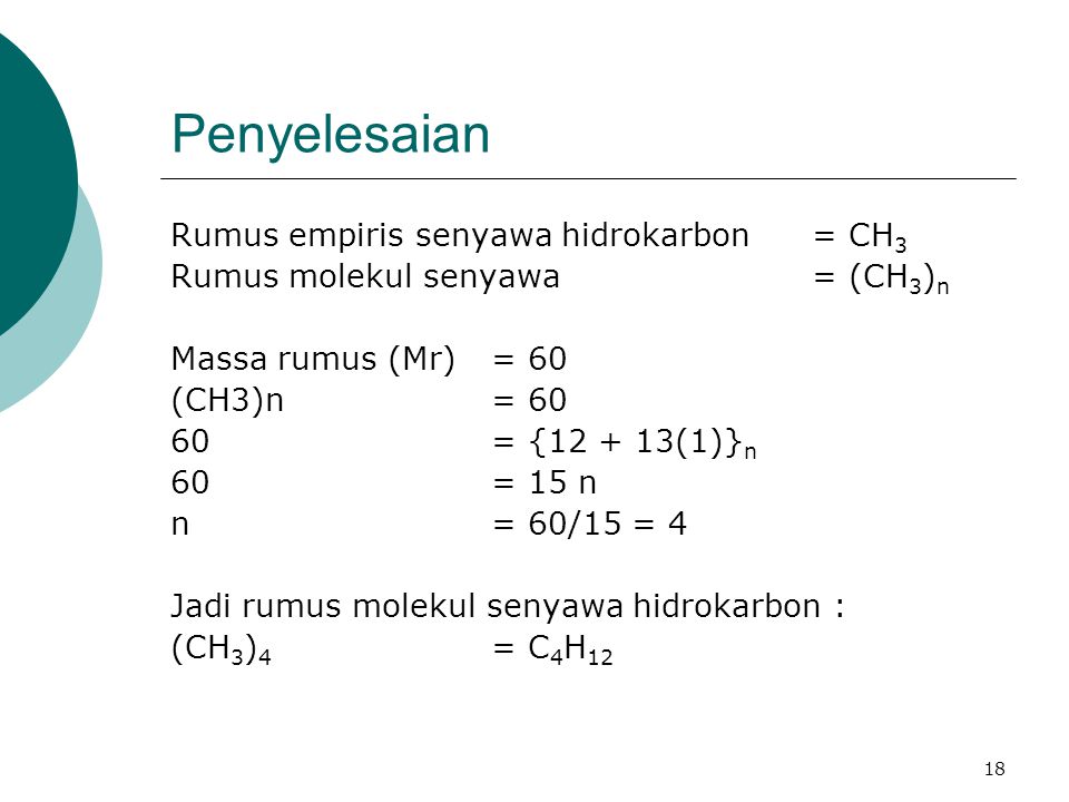 Penyelesaian Rumus empiris senyawa hidrokarbon = CH3