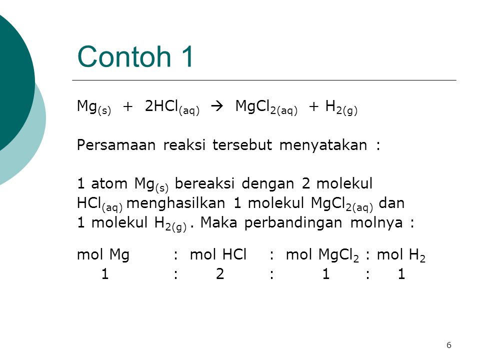 Contoh 1 Mg(s) + 2HCl(aq)  MgCl2(aq) + H2(g)