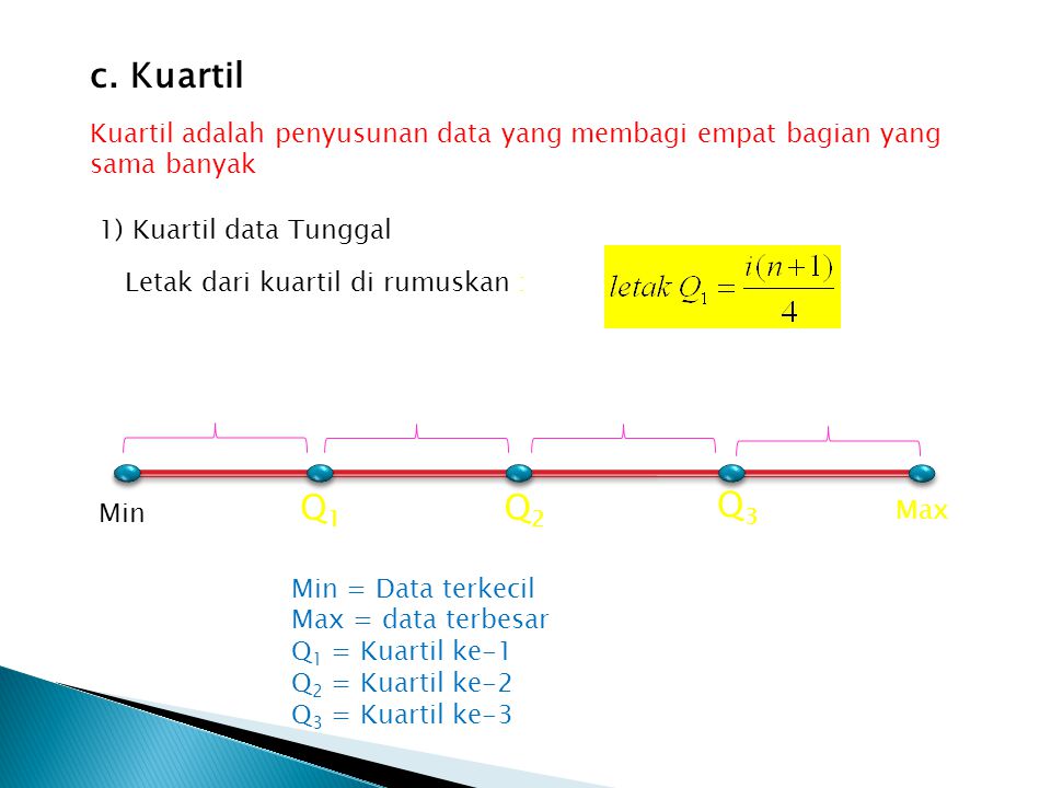 c. Kuartil Kuartil adalah penyusunan data yang membagi empat bagian yang sama banyak. 1) Kuartil data Tunggal.