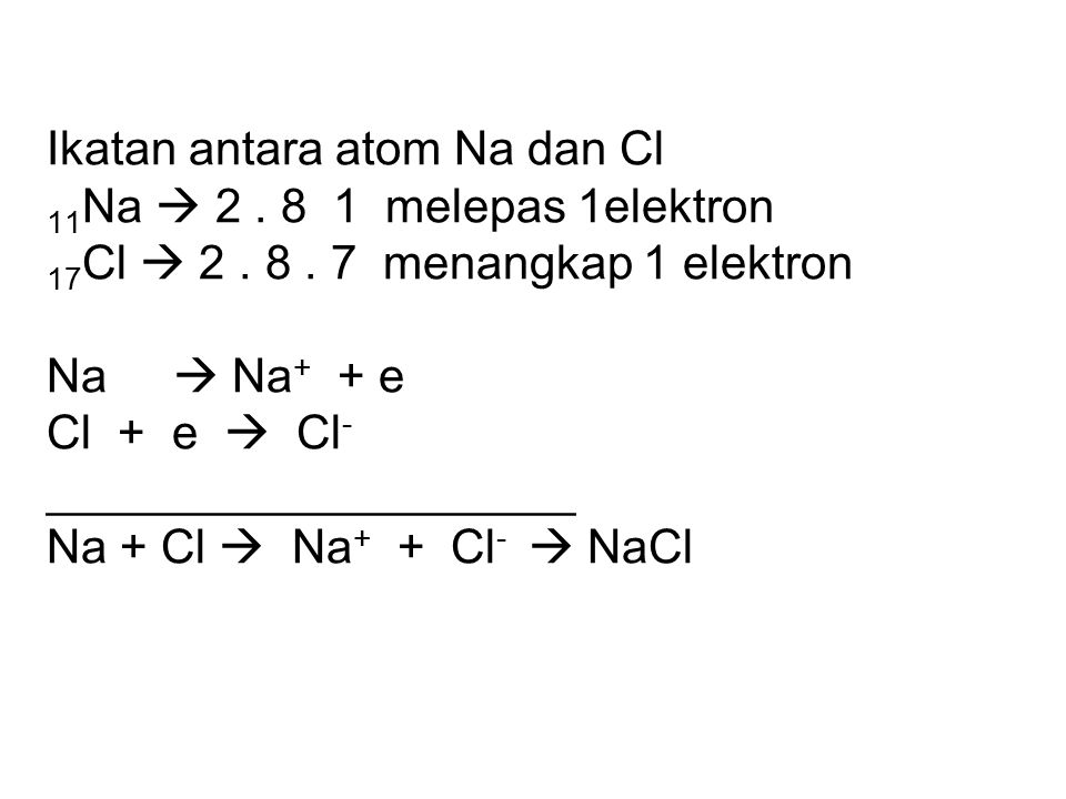 Ikatan antara atom Na dan Cl 11Na  melepas 1elektron 17Cl  2