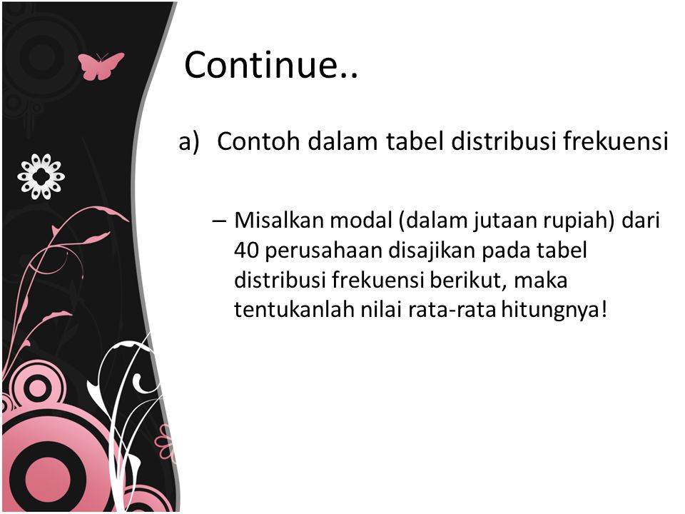 Continue.. Contoh dalam tabel distribusi frekuensi