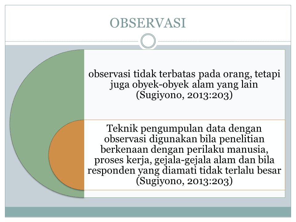 OBSERVASI observasi tidak terbatas pada orang, tetapi juga obyek-obyek alam yang lain (Sugiyono, 2013:203)