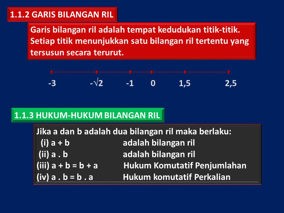 1.1.2 GARIS BILANGAN RIL Garis bilangan ril adalah tempat kedudukan titik-titik. Setiap titik menunjukkan satu bilangan ril tertentu yang.