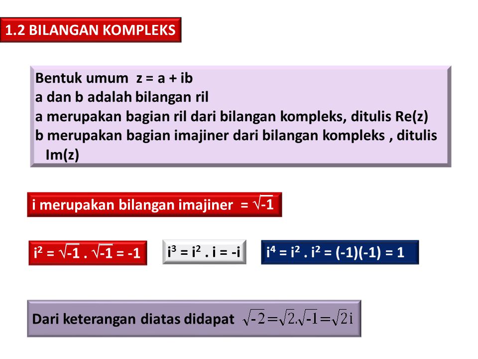 1.2 BILANGAN KOMPLEKS Bentuk umum z = a + ib. a dan b adalah bilangan ril. a merupakan bagian ril dari bilangan kompleks, ditulis Re(z)