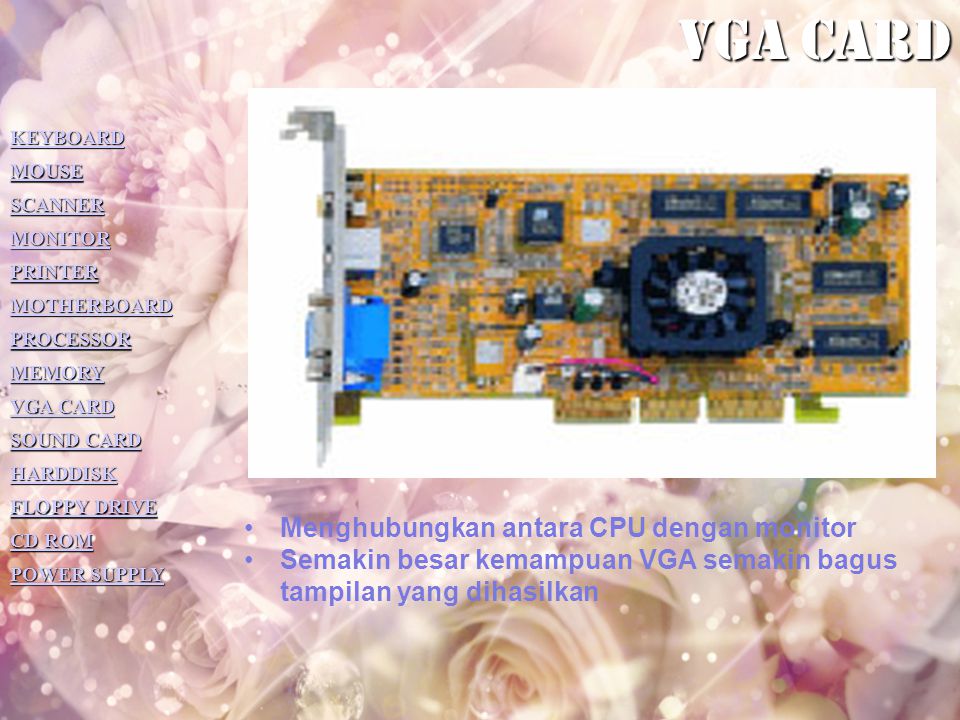 Vga card Menghubungkan antara CPU dengan monitor