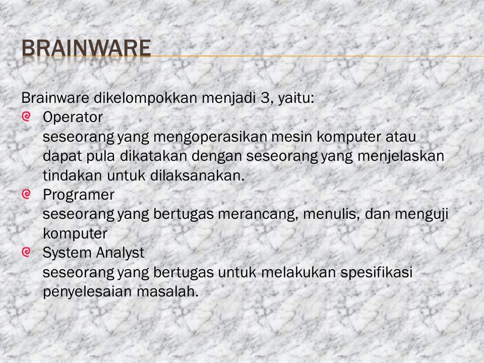 brainware Brainware dikelompokkan menjadi 3, yaitu: Operator