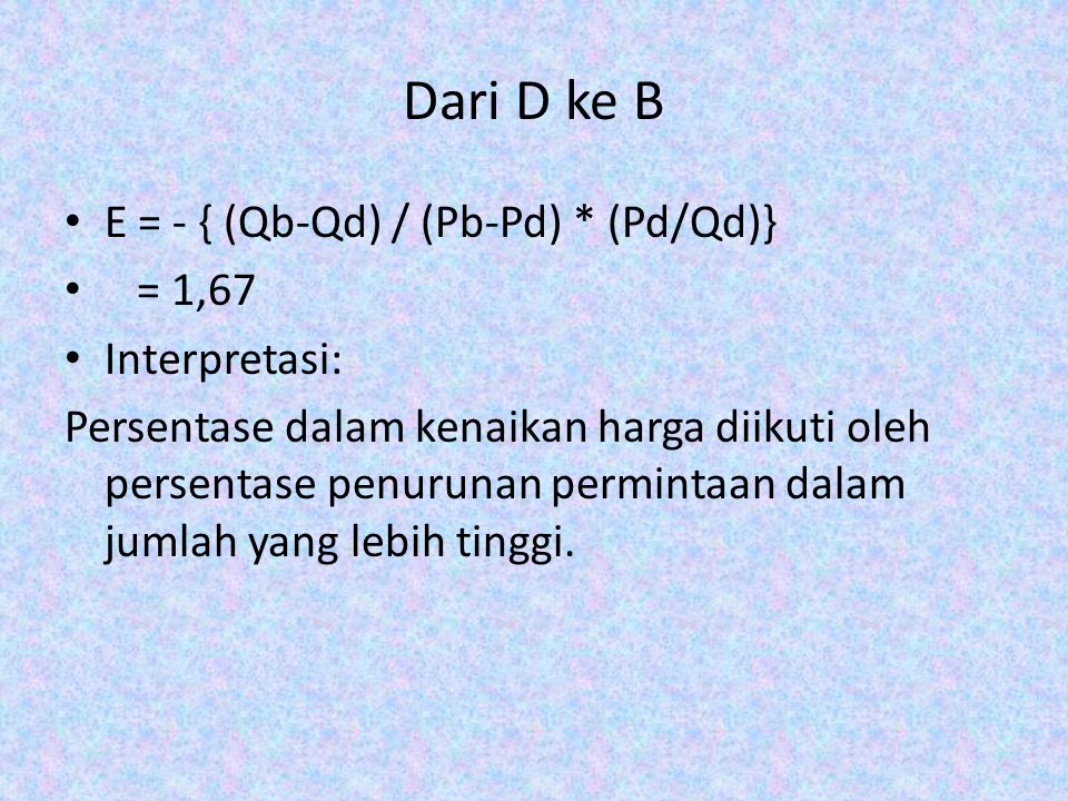 Dari D ke B E = - { (Qb-Qd) / (Pb-Pd) * (Pd/Qd)} = 1,67 Interpretasi: