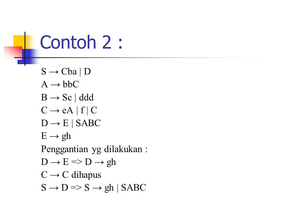 Contoh 2 : S → Cba | D A → bbC B → Sc | ddd C → eA | f | C