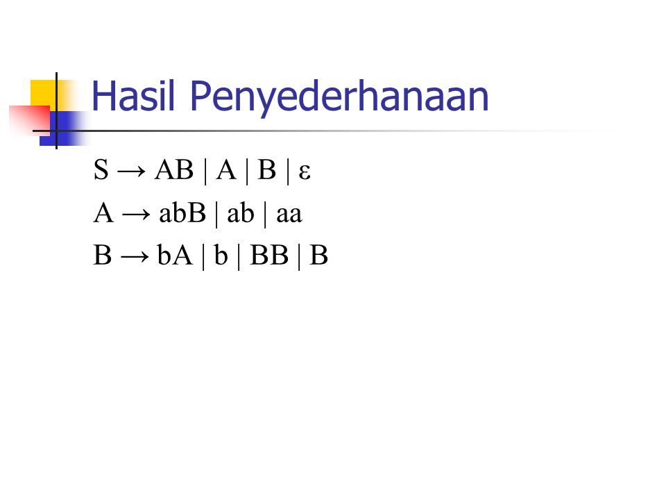 Hasil Penyederhanaan S → AB | A | B | ε A → abB | ab | aa