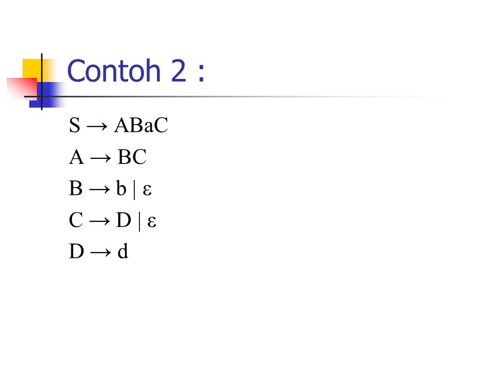Contoh 2 : S → ABaC A → BC B → b | ε C → D | ε D → d