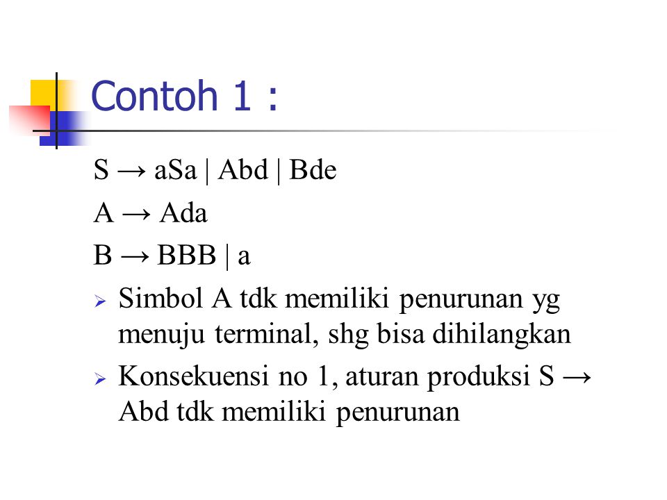 Contoh 1 : S → aSa | Abd | Bde A → Ada B → BBB | a