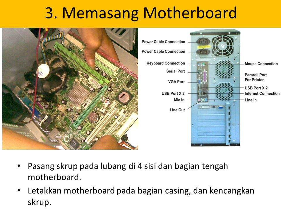 3. Memasang Motherboard Pasang skrup pada lubang di 4 sisi dan bagian tengah motherboard.