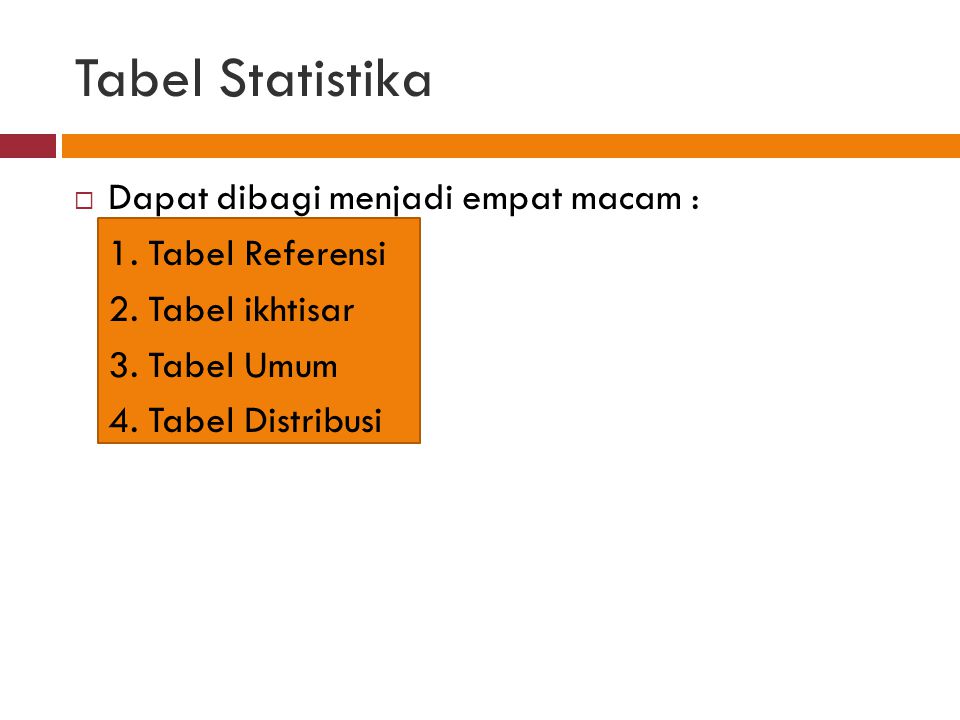 Tabel Statistika Dapat dibagi menjadi empat macam : 1. Tabel Referensi