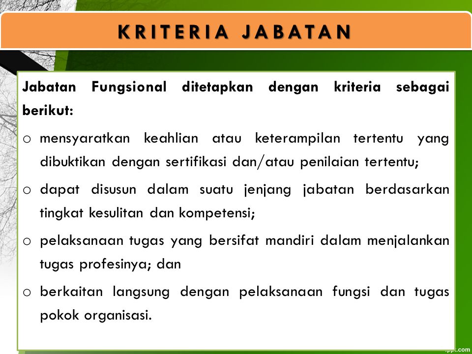 KRITERIA JABATAN Jabatan Fungsional ditetapkan dengan kriteria sebagai berikut: