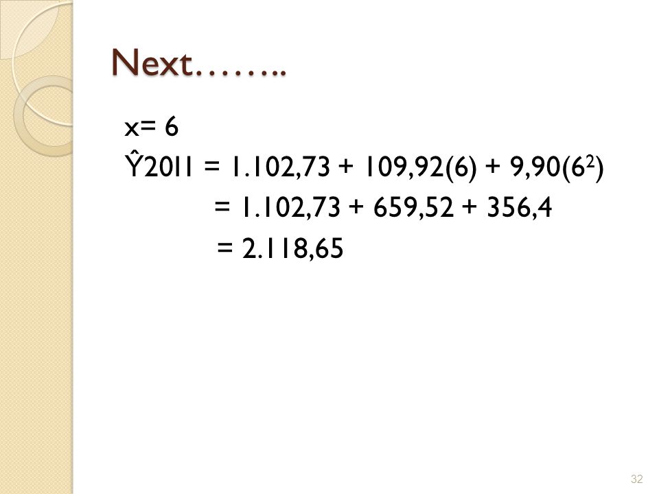 Next…….. x= 6 Ŷ20I1 = 1.102, ,92(6) + 9,90(62) = 1.102, , ,4 = 2.118,65