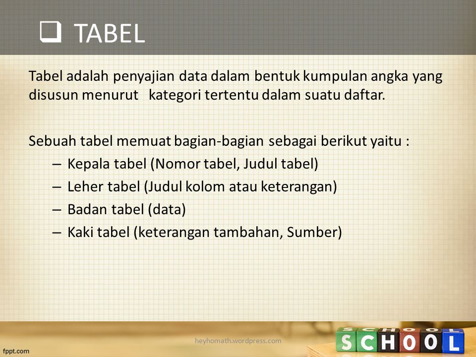 TABEL Tabel adalah penyajian data dalam bentuk kumpulan angka yang disusun menurut kategori tertentu dalam suatu daftar.