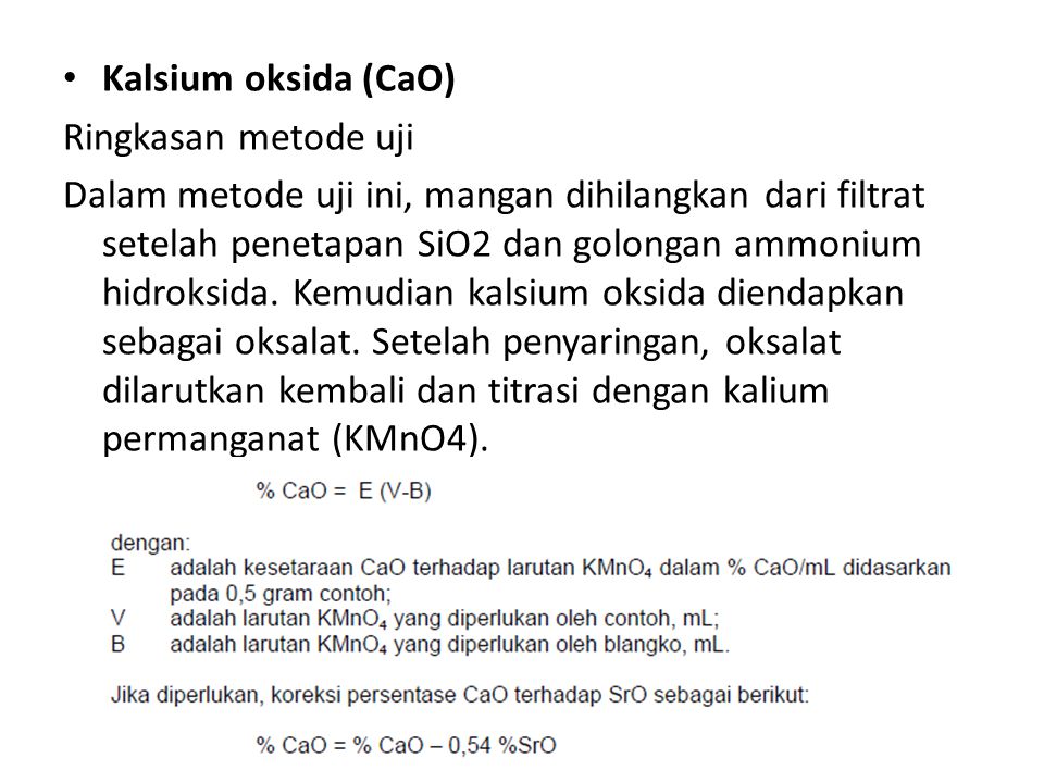 Kalsium oksida (CaO) Ringkasan metode uji.