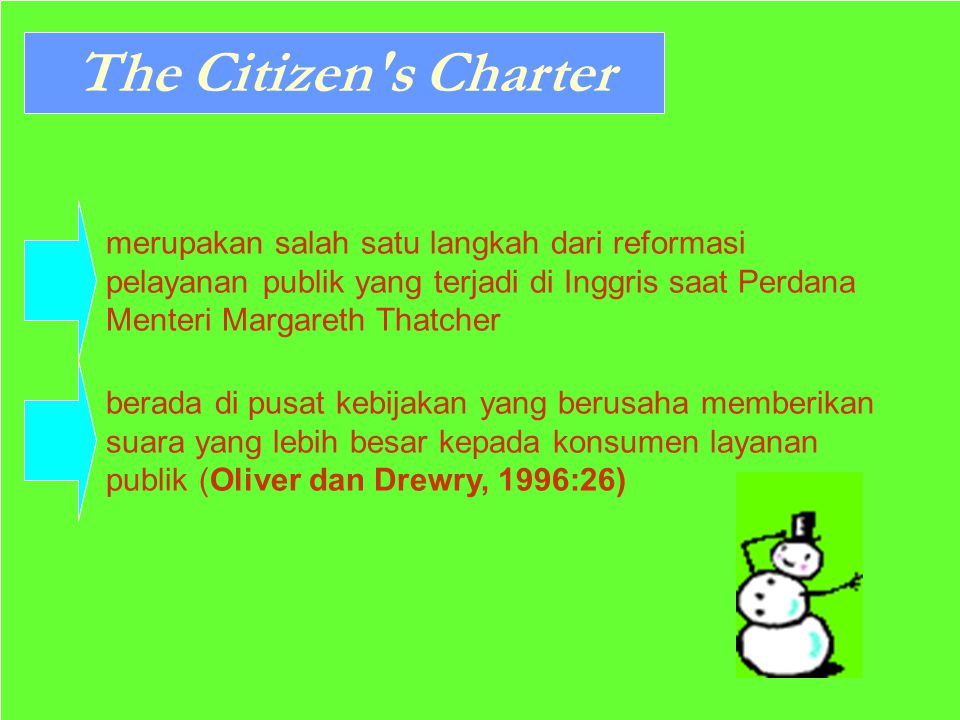 The Citizen s Charter merupakan salah satu langkah dari reformasi pelayanan publik yang terjadi di Inggris saat Perdana Menteri Margareth Thatcher.