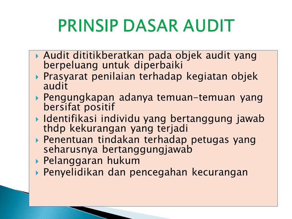 PRINSIP DASAR AUDIT Audit dititikberatkan pada objek audit yang berpeluang untuk diperbaiki. Prasyarat penilaian terhadap kegiatan objek audit.