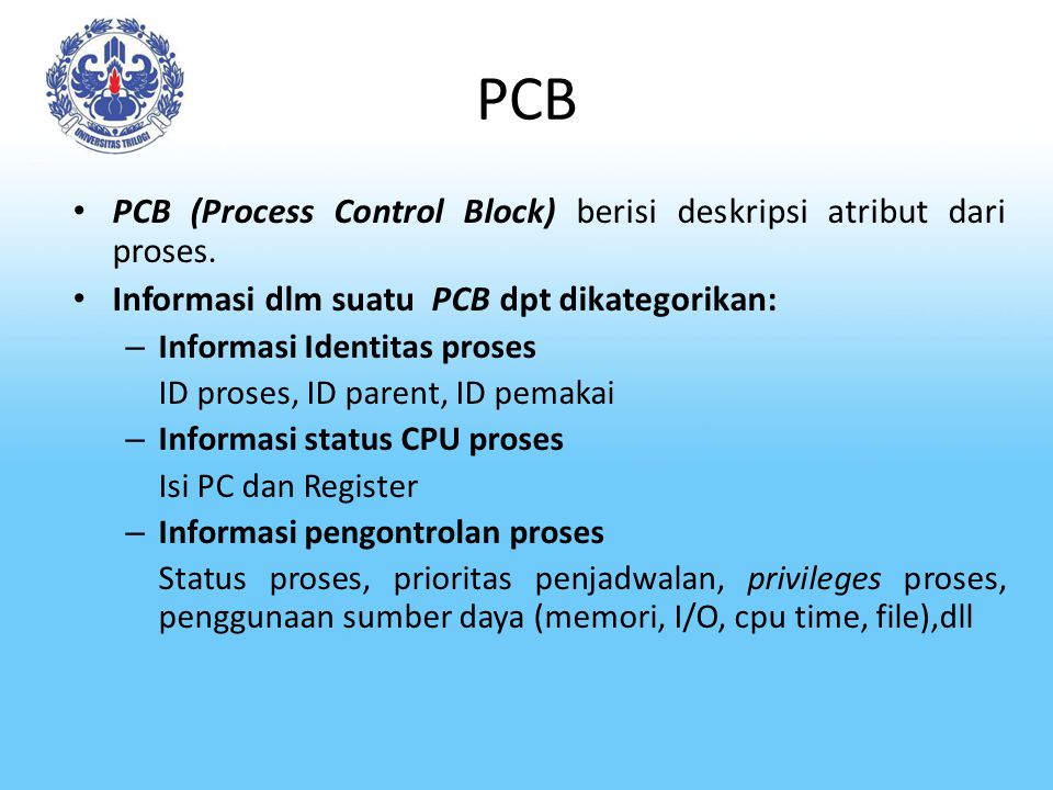 PCB PCB (Process Control Block) berisi deskripsi atribut dari proses.
