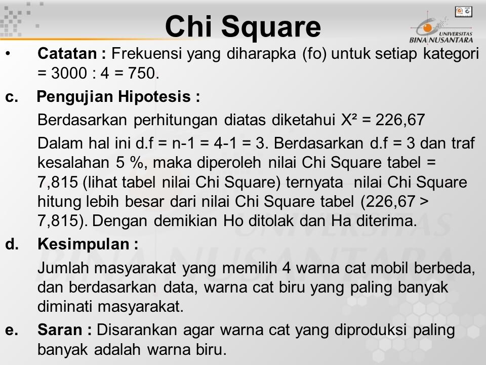 Chi Square Catatan : Frekuensi yang diharapka (fo) untuk setiap kategori = 3000 : 4 = 750. c. Pengujian Hipotesis :