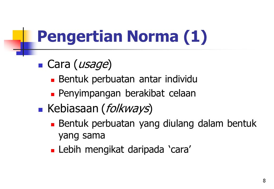 Pengertian Norma (1) Cara (usage) Kebiasaan (folkways)