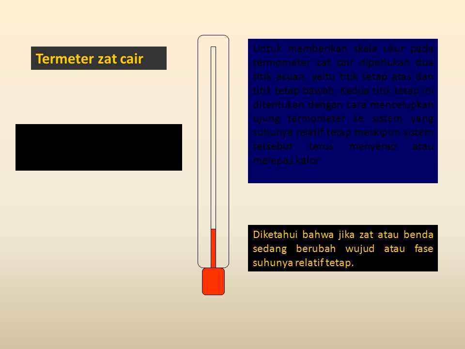 Untuk memberikan skala ukur pada termometer zat cair diperlukan dua titik acuan, yaitu titik tetap atas dan titik tetap bawah. Kedua titik tetap ini ditentukan dengan cara mencelupkan ujung termometer ke sistem yang suhunya relatif tetap meskipun sistem tersebut terus menyerap atau melepas kalor