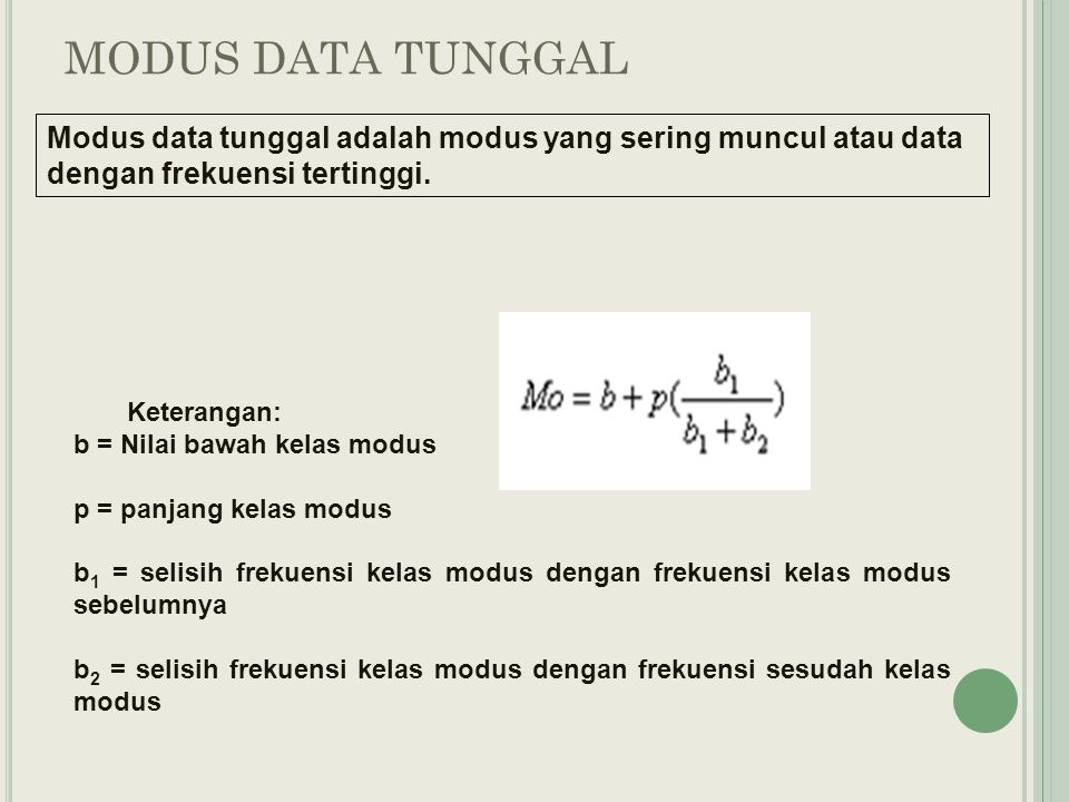 MODUS DATA TUNGGAL Modus data tunggal adalah modus yang sering muncul atau data dengan frekuensi tertinggi.