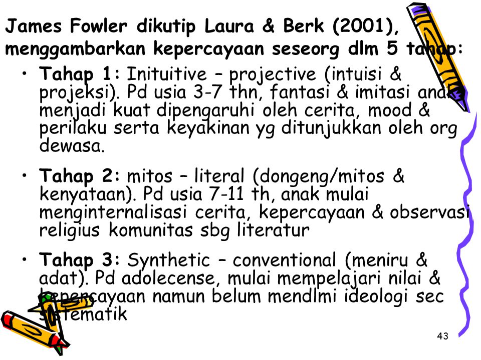 James Fowler dikutip Laura & Berk (2001), menggambarkan kepercayaan seseorg dlm 5 tahap: